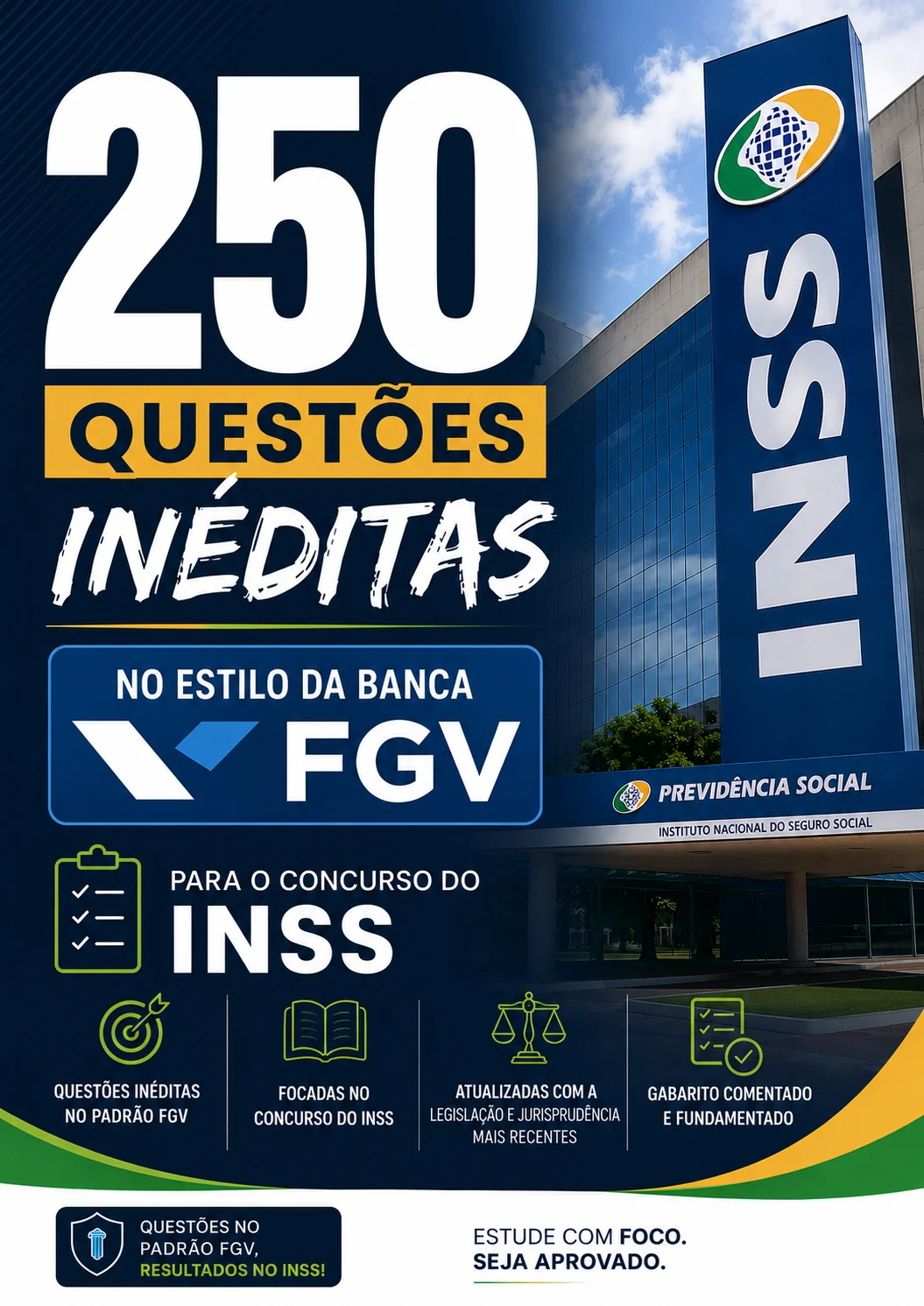 Capa do material com 250 questões FGV para INSS